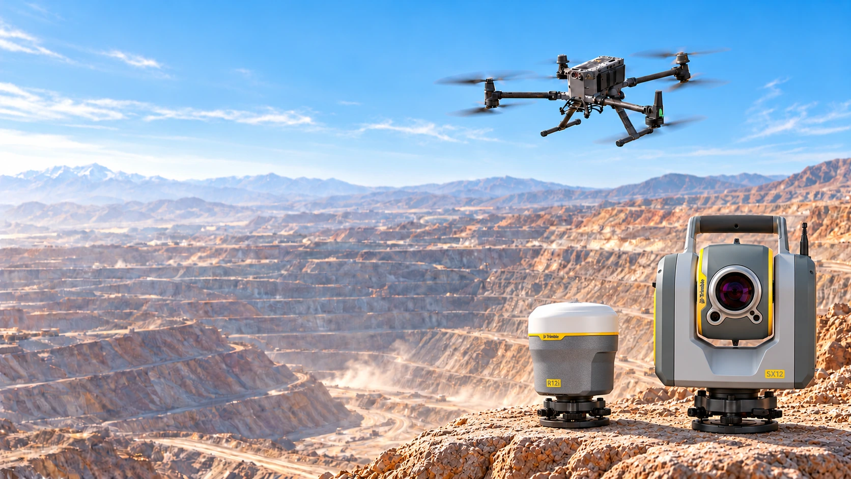 Composición ilustrativa de un Trimble R12i y una estación Trimble SX12 sin trípode, junto a un DJI Matrice 350 RTK en un rajo minero inspirado en Chuquicamata